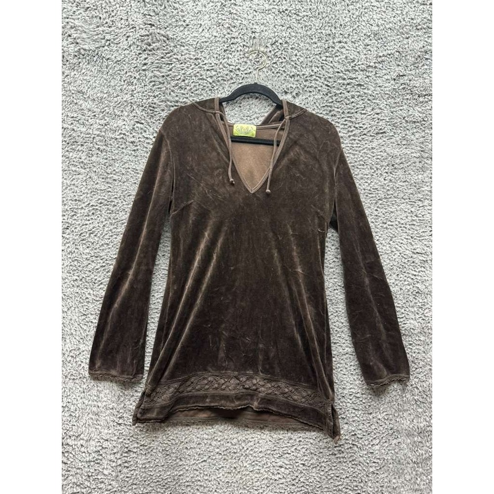 Juicy Couture Velour V-Neck Pullover Long Hooded Jacket Brown Womens Size L